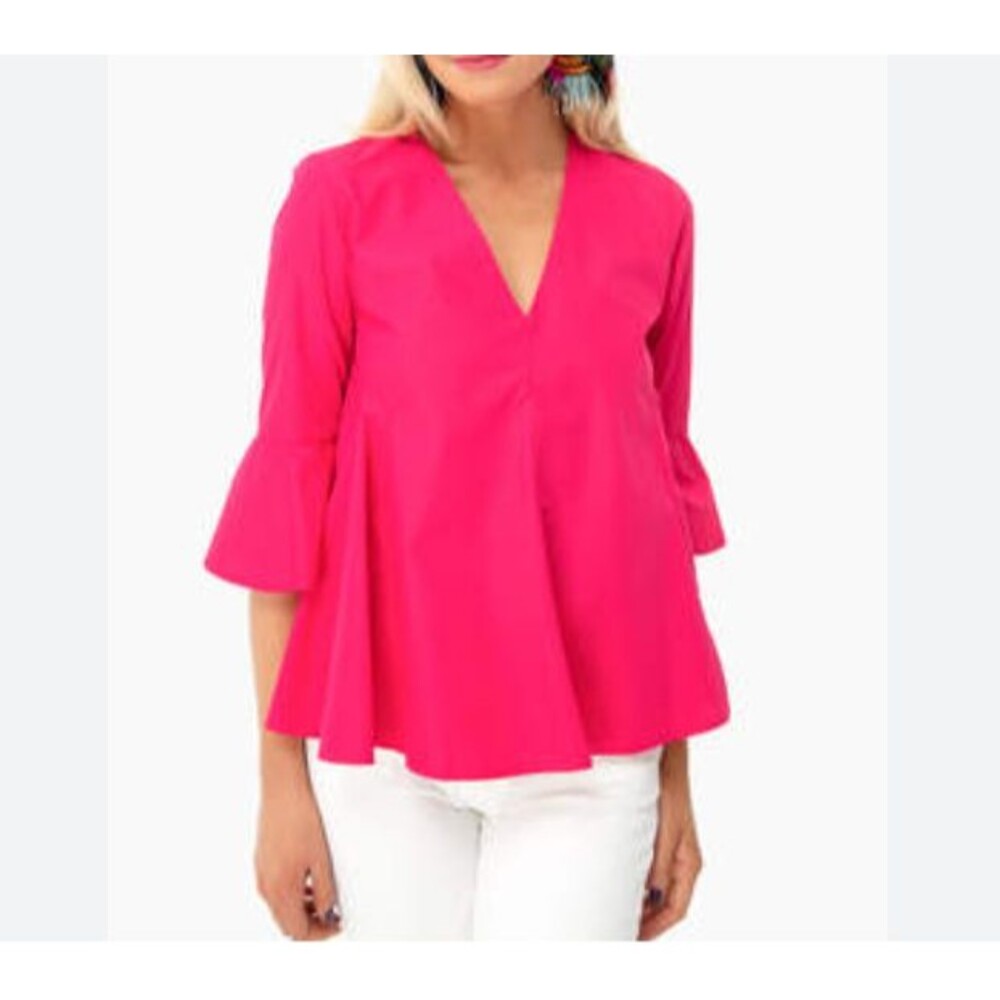 Pomander Place Addie Blouse Top Pink Bell Sleeve V Neck Bold Girly - Size XS